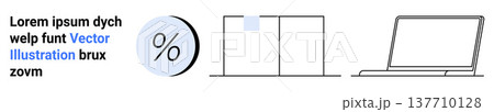 Finance, technology, data analysis, business strategy, online research, and digital tools. Minimalist visuals of a percentage icon, bar chart and laptop outline. Finance and technology concepts 137710128