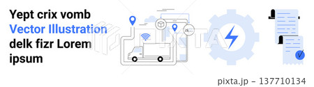 Logistics, supply chain, automation, delivery process, navigation, workflow. Visual of delivery trucks, GPS map gear document workflow. Logistics and supply chain process concept Logistics, supply chain, automation, delivery process, navigation, workflow. Visual of delivery trucks, GPS map gear document workflow. Logistics and supply chain process concept 137710134