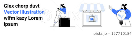 Online services, creativity, technology, e-commerce, digital shopping, idea generation. A person using a smartphone, a storefront display and a person with a bulb signifying ideas. Online services 137710184