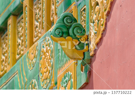 Ornate chinese temple wall detail in green and gold Ornate chinese temple wall detail in green and gold 137710222