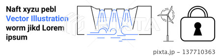 Renewable energy, eco-friendly solutions, water conservation, green technology, energy security, sustainable practices. a dam, wind turbine and lock symbol. Renewable energy and energy security Renewable energy, eco-friendly solutions, water conservation, green technology, energy security, sustainable practices. a dam, wind turbine and lock symbol. Renewable energy and energy security 137710363