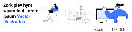 Remote work, teamwork, digital communication, urban lifestyle, office productivity, technology. Woman with laptop, buildings a professional on a computer. Remote work and digital communication Remote work, teamwork, digital communication, urban lifestyle, office productivity, technology. Woman with laptop, buildings a professional on a computer. Remote work and digital communication 137710366