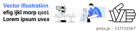 Technology, automation, shopping, approval processes, robotics, business operations. Robot at work, person shopping and thumbs-up hand symbol. Technology and automation explored through icons 137710367