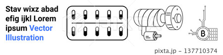 Engineering, education, electromechanics, technical design, motor technology, physics. Diagram of electrical components and motor elements with magnetic lines. Engineering and motor technology Engineering, education, electromechanics, technical design, motor technology, physics. Diagram of electrical components and motor elements with magnetic lines. Engineering and motor technology 137710374