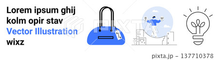 Business ideas, creativity, balance in life, branding, entrepreneurship, innovation. Blue handbag, man balancing above city light bulb symbol. Creativity and business ideas theme 137710378