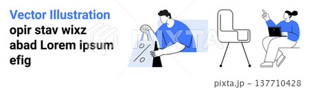 Online shopping, e-commerce, remote work, workspace setup, modern living, product design concepts. Person holding shopping bags, a chair and a laptop user . Online shopping and e-commerce 137710428