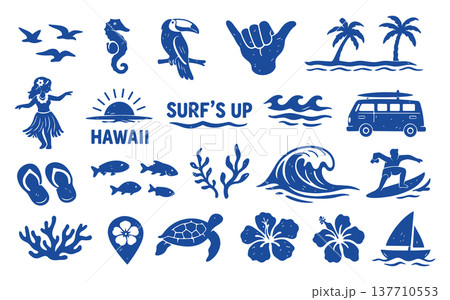 Hawaii surf icon set with tropical wave, surfer, palm island, turtle, coral, hibiscus, hula dancer and camper van, travel themed beach graphics inspired by Pacific island culture Hawaii surf icon set with tropical wave, surfer, palm island, turtle, coral, hibiscus, hula dancer and camper van, travel themed beach graphics inspired by Pacific island culture 137710553