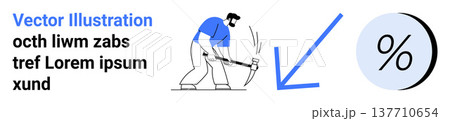 Economic performance, productivity, financial downturn, manual labor, market analysis, workforce performance. Man working with a pickaxe, arrow and percentage icon. Productivity and financial Economic performance, productivity, financial downturn, manual labor, market analysis, workforce performance. Man working with a pickaxe, arrow and percentage icon. Productivity and financial 137710654