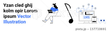 E-learning, online education, technology integration, knowledge sharing, digital tools, student engagement. Student with a laptop, music note and LMS screen with icons. E-learning and online 137710691