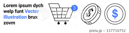 E-commerce, online shopping, financial transactions, digital payments, retail marketing, consumer behavior. Shopping cart icon with notification and dollar coins. E-commerce and online shopping E-commerce, online shopping, financial transactions, digital payments, retail marketing, consumer behavior. Shopping cart icon with notification and dollar coins. E-commerce and online shopping 137710752