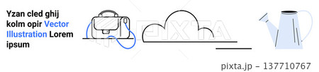 Gardening tools, nature, abstract concepts, minimal decor, travel essentials, creativity in design. A bag, a cloud and a watering can with thin black lines. Gardening tools and abstract concepts Gardening tools, nature, abstract concepts, minimal decor, travel essentials, creativity in design. A bag, a cloud and a watering can with thin black lines. Gardening tools and abstract concepts 137710767