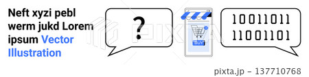 Digital communication, e-commerce, data exchange, technology, online shopping, coding system. A mobile shopping icon, binary code and question mark in speech bubbles. E-commerce and technology 137710768