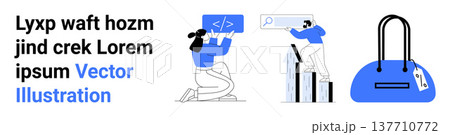 Business strategies, technology advancement, product branding, data analytics, teamwork, coding. Person coding, individual analyzing data handbag icon. Technology advancement and business strategies Business strategies, technology advancement, product branding, data analytics, teamwork, coding. Person coding, individual analyzing data handbag icon. Technology advancement and business strategies 137710772