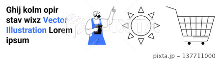 Renewable energy, online shopping, eco-business, solar energy concepts, sustainable retail, digital commerce. A worker points at the sun next to a shopping cart illustration. Renewable energy 137711000