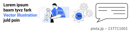 Customer relations, team management, communication tools, business strategy, marketing, service process. Man holding divider, CRM icon with gears chat bubble. CRM and communication tools concept 137711001