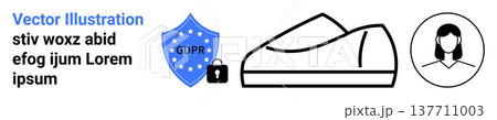 GDPR compliance, data protection, consumer rights, privacy policy, security measures, personal identity. Shield icon with lock, shoe outline woman avatar. GDPR compliance and data protection concept 137711003
