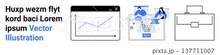 Data analysis, e-commerce, workplace organization, financial tools, digital transformation, business strategy. Line graph, shopping cart and business briefcase elements. Data analysis and e-commerce Data analysis, e-commerce, workplace organization, financial tools, digital transformation, business strategy. Line graph, shopping cart and business briefcase elements. Data analysis and e-commerce 137711007