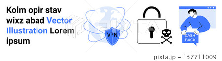 Cybersecurity, online banking, encryption, financial transactions, data protection, secure browsing. Icons VPN, lock with a skull cash back. Cybersecurity and online banking Cybersecurity, online banking, encryption, financial transactions, data protection, secure browsing. Icons VPN, lock with a skull cash back. Cybersecurity and online banking 137711009