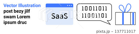 SaaS platforms, technology solutions, coding development, programming logic, digital workflows, data sharing. Software interface, speech bubble with binary code gift box. SaaS and technology SaaS platforms, technology solutions, coding development, programming logic, digital workflows, data sharing. Software interface, speech bubble with binary code gift box. SaaS and technology 137711017