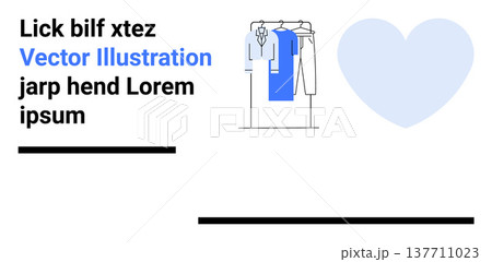 Fashion, wardrobe organization, personal style, shopping, marketing materials, minimalist visuals. Clothing rack with garments and heart shape beside text elements. Fashion and wardrobe organization 137711023