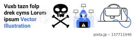 Online security risks, data breaches, hacking threats, malicious activities, identity theft, network vulnerabilities. Hacker in a hoodie with laptops, skull and bag imagery. Online security risks 137711046