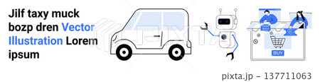 Autonomous driving, robotics, ecommerce, AI technology, digital transformation, automation. A car, robot and online shopping interface . Robotics and ecommerce innovation 137711063