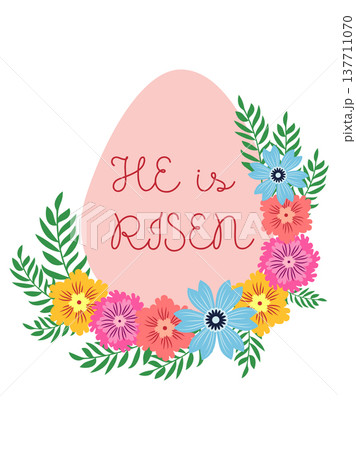 An Easter egg with a floral design and the inscription Christ is Risen. Creative card. 137711070