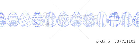 A seamless horizontal pattern with Easter eggs, outline design. A banner featuring cute patterned eggs with polka dots, flowers, and stripes. 137711103