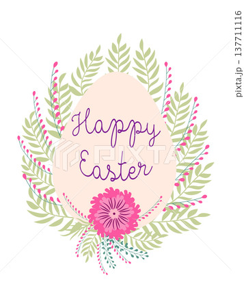 An Easter egg with a floral design and the words Happy Easter. Creative card. 137711116