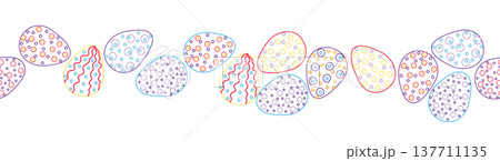 A seamless horizontal pattern with Easter eggs, outline design. A banner featuring cute patterned eggs with polka dots, flowers, and stripes. A seamless horizontal pattern with Easter eggs, outline design. A banner featuring cute patterned eggs with polka dots, flowers, and stripes. 137711135