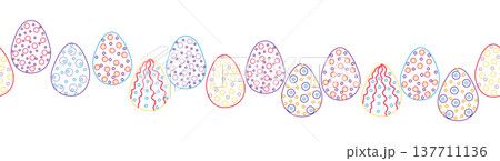 A seamless horizontal pattern with Easter eggs, outline design. A banner featuring cute patterned eggs with polka dots, flowers, and stripes. 137711136