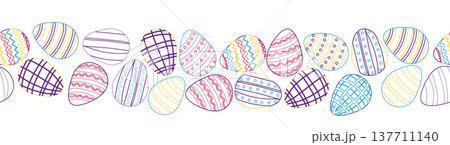 A seamless horizontal pattern with Easter eggs, outline design. A banner featuring cute patterned eggs with polka dots, flowers, and stripes. 137711140
