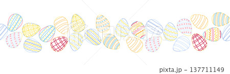 A seamless horizontal pattern with Easter eggs, outline design. A banner featuring cute patterned eggs with polka dots, flowers, and stripes. 137711149
