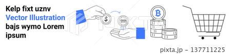 E-commerce, cryptocurrency, digital payment, online transaction, trade, finance. Hand exchanging dollar for bitcoin, shopping cart. E-commerce and cryptocurrency concepts 137711225