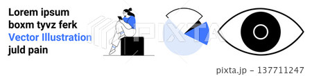 Education, analytics, vision, self-growth, learning, data visualization. Woman reading on a box, pie chart and eye graphic. Education and analytics concept knowledge and insights Education, analytics, vision, self-growth, learning, data visualization. Woman reading on a box, pie chart and eye graphic. Education and analytics concept knowledge and insights 137711247