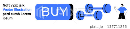 Online fitness shopping, exercise planning, workout gear, gym equipment, active lifestyle, e-commerce. Dumbbells with Buy button and fitness figure. Online fitness shopping and exercise planning 137711256