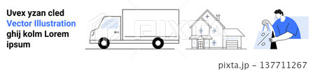 Logistics, delivery services, home relocation, real estate, moving industry, transportation. Minimalist truck, a house outline and a worker. Logistics and delivery services concept 137711267