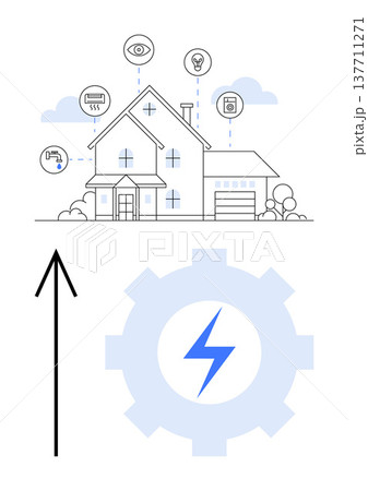 Smart technology, home automation, energy efficiency, sustainability, energy usage, technology-driven homes. Modern house diagram with gear, lightning bolt and connected devices. Smart technology 137711271