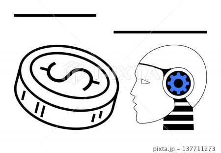 Artificial intelligence, cryptocurrency, fintech, digital economy, automation, innovation. Illustrated head with a gear and a coin with a dollar sign. Artificial intelligence and cryptocurrency 137711273