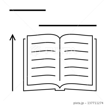 Education, reading, self-improvement, knowledge sharing, learning paths, publishing industry. Outline of an open book with an upward arrow and horizontal lines. Education and reading concept 137711274