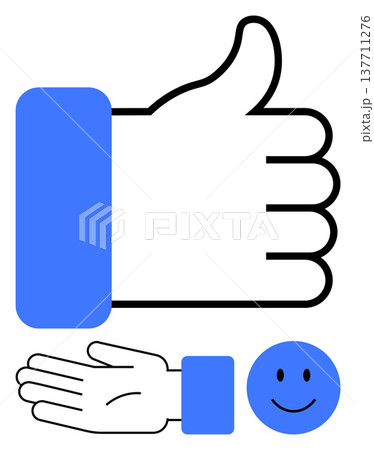 Social media, communication, feedback, positivity, approval, support. Thumbs up gesture along with an open hand and a happy face icon. Communication and positivity are the central Social media, communication, feedback, positivity, approval, support. Thumbs up gesture along with an open hand and a happy face icon. Communication and positivity are the central 137711276