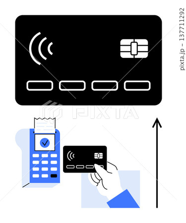 Digital wallets, financial technology, cashless payments, retail transactions, secure purchases, payment processing. A hand holding a credit card near a payment terminal. Digital wallets 137711292