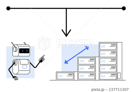 AI processes, automation, scalability, cloud storage, machine learning, technology advancement. Robot pointing at upward-trending server stacks. AI processes and scalability concept AI processes, automation, scalability, cloud storage, machine learning, technology advancement. Robot pointing at upward-trending server stacks. AI processes and scalability concept 137711307