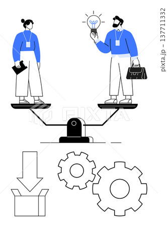 Business strategy, teamwork, innovation, idea generation, balance, decision making. Two professionals on a weighing scale, gears and a box. Business strategy and teamwork concept Business strategy, teamwork, innovation, idea generation, balance, decision making. Two professionals on a weighing scale, gears and a box. Business strategy and teamwork concept 137711332