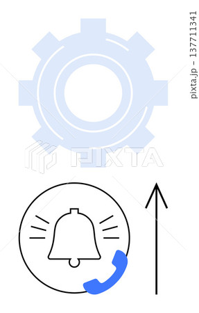 Notifications, systems, technology, progress, communication, updates. A bell with call symbol, gear mechanism upward arrow. Notifications and systems management concepts in elements 137711341