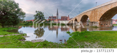 Stone Bridge over Danube River in Regensburg Old Town Bavaria Germany 137711373