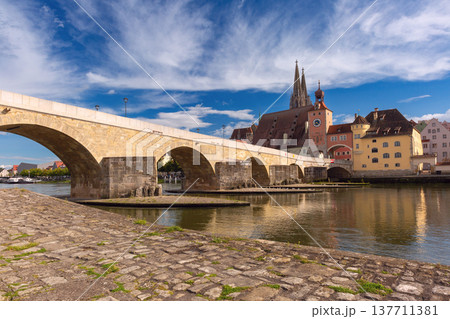 Stone Bridge over Danube River in Regensburg Old Town Bavaria Germany Stone Bridge over Danube River in Regensburg Old Town Bavaria Germany 137711381
