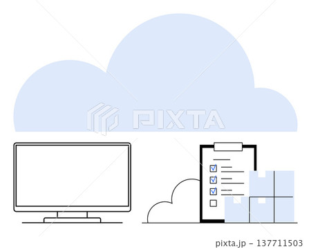 Cloud technology, data management, online storage, digital organization, inventory management, logistics. Monitor, cloud checklist and stacked boxes. Cloud technology and data management 137711503