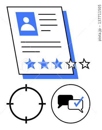 Business evaluation, hiring process, quality assurance, customer feedback, online reviews, digital identity. Profile document with stars, target icon and feedback speech bubbles. Business evaluation 137711505