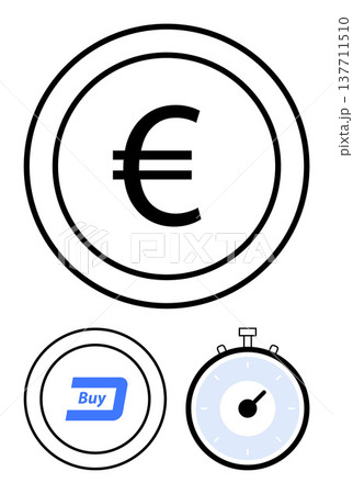 Finance, cryptocurrency, e-commerce, fast transactions, digital payments, online shopping. Central euro coin, Dash coin buy icon and stopwatch. Finance and cryptocurrency concepts Finance, cryptocurrency, e-commerce, fast transactions, digital payments, online shopping. Central euro coin, Dash coin buy icon and stopwatch. Finance and cryptocurrency concepts 137711510